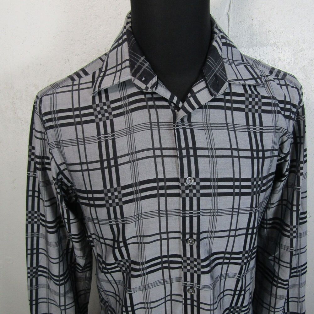 BUGATTI Men's Shaped Fit Casual Button Down Shirt Gray Black Plaid Long Sleeve